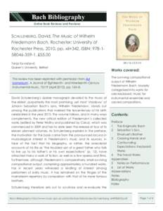 Online Book Reviews and Previews  SCHULENBERG, David, The Music of Wilhelm Friedemann Bach, Rochester: University of Rochester Press, 2010, pp. xii+342, ISBN: [removed], £55.00 Tanja Kovačević