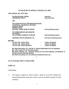 IN THE COURT OF APPEAL OF BELIZE, A.D. 2008  CIVIL APPEAL NO. 18 OF 2007  THE BELIZE BANK LIMITED  (INTERESTED PARTY)   Appellant/ 