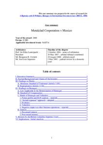 This case summary was prepared in the course of research for S Ripinsky with K Williams, Damages in International Investment Law (BIICL, 2008) Case summary  Metalclad Corporation v Mexico