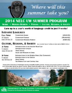 Where will this summer take you? 2014 NELC UW SUMMER PROGRAM ARABIC • MODERN HEBREW • PERSIAN • CULTURE, RELIGION, & SOCIETY  Earn up to a year’s worth of language credit in just 9 weeks!