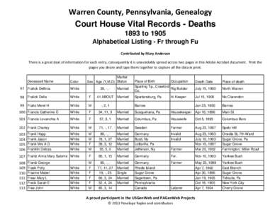 Warren County, Pennsylvania, Genealogy Court House Vital Records - Deaths 1893 to 1905 Alphabetical Listing - Fr through Fu Contributed by Mary Anderson There is a great deal of information for each entry, consequently i