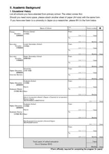 II. Academic Background 1. Educational History List all schools you have attended from primary school. The oldest comes first. Should you need more space, please attach another sheet of paper (A4 size) with the same form