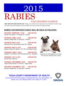 2015 RABIES VACCINATION CLINICS NEW YORK STATE PUBLIC HEALTH LAW: All dogs, cats, and ferrets are required to be vaccinated by 4 months of age. Pet owners who fail to maintain current vaccinaon may receive a ﬁne up to