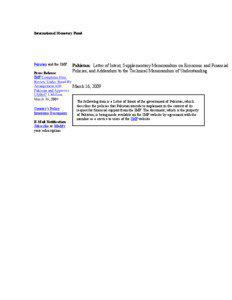 Pakistan: Letter of Intent, Supplementary Memorandum on Economic and Financial Policies, and Addendum to the Technical Memorandum of Understanding, March 16, 2009