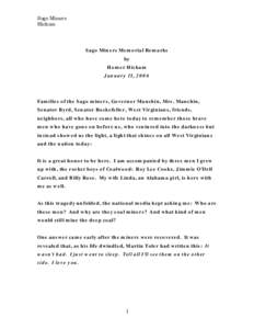 Mine Safety and Health Administration (MSHA) - Sago Mine Accident - Sago Miners Memorial Remarks by Homer Hickam - January 15, 2005