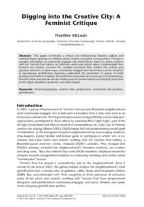 Digging into the Creative City: A Feminist Critique Heather McLean Department of Human Geography, University of Toronto Scarborough, Toronto, Ontario, Canada; 