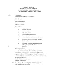 “REVISED” AGENDA BERKELEY COUNTY COUNCIL 400 WEST STEPHEN STREET, SUITE 205 THURSDAY, DECEMBER 18, 2014, 9:30 A.M.  9:30