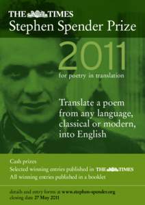Stephen Spender Prize[removed]for poetry in translation  Translate a poem
