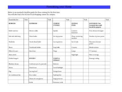 Furnishing your Home Below is an essentials checklist guide for those renting for the first time. You will also find a list of your local shopping centres by campus. Essentials for :  Tick