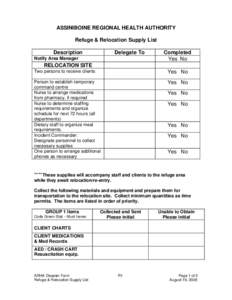 ASSINIBOINE REGIONAL HEALTH AUTHORITY Refuge & Relocation Supply List Description Delegate To