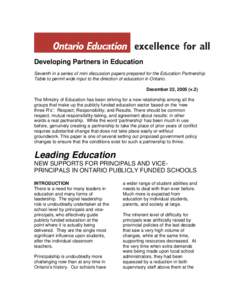 Developing Partners in Education Seventh in a series of mini discussion papers prepared for the Education Partnership Table to permit wide input to the direction of education in Ontario. December 22, 2005 (v.2) The Minis