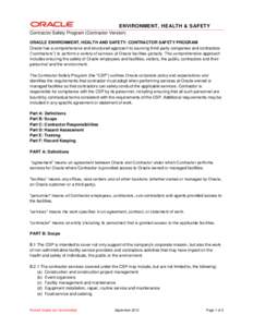 Health / Construction / Oracle Corporation / General contractor / Oracle Database / Occupational safety and health / Right to know / Environment /  Health and Safety / Contractor screening / Safety / Industrial hygiene / Safety engineering