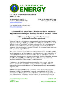 SAVANNAH RIVER OPERATIONS OFFICE AIKEN, SC[removed]NEWS MEDIA CONTACT: Jim Giusti, DOE, ([removed]removed]