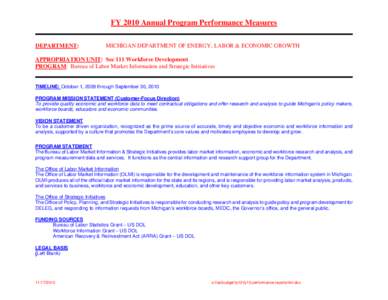 FY 2010 Annual Program Performance Measures DEPARTMENT: MICHIGAN DEPARTMENT OF ENERGY, LABOR & ECONOMIC GROWTH  APPROPRIATION UNIT: Sec 111 Workforce Development