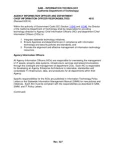 SAM – INFORMATION TECHNOLOGY (California Department of Technology) AGENCY INFORMATION OFFICER AND DEPARTMENT CHIEF INFORMATION OFFICER RESPONSIBILITIES (Revised[removed])