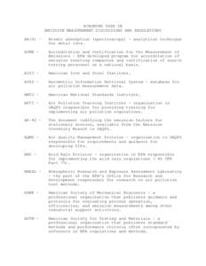 ACRONYMS USED IN EMISSION MEASUREMENT DISCUSSIONS AND REGULATIONS AA(S) - Atomic absorption (spectroscopy) - analytical technique for metal ions.