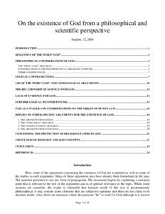 On the existence of God from a philosophical and scientific perspective Student, [removed]INTRODUCTION ......................................................................................................................