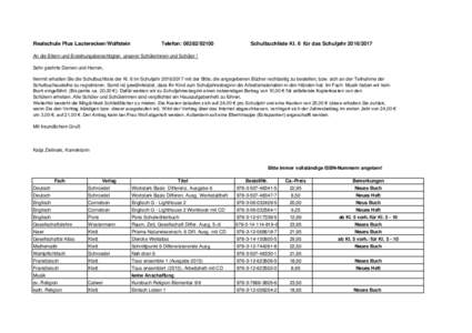 Realschule Plus Lauterecken/Wolfstein  Telefon: Schulbuchliste Kl. 6 für das Schuljahr