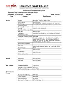 Lawrence Ripak Co., Inc. 165 Field St. W. Babylon, NY[removed][removed]Fax:([removed]Nondestructive Testing and Metal Finishing Document Title: Prime Contractor Approval Listing Document: LR-03-RC-003