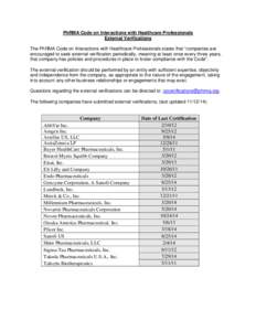 PhRMA Code on Interactions with Healthcare Professionals External Verifications The PhRMA Code on Interactions with Healthcare Professionals states that “companies are encouraged to seek external verification periodica