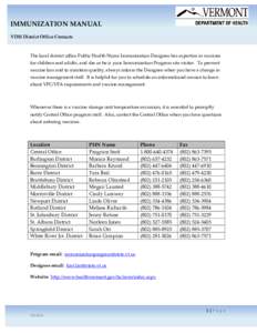 IMMUNIZATION MANUAL VDH District Office Contacts The local district office Public Health Nurse Immunization Designee has expertise in vaccines for children and adults, and she or he is your Immunization Program site visi