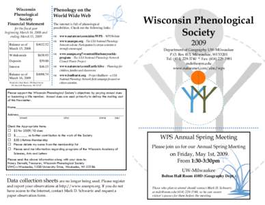 Wisconsin Phenological Society Financial Statement  for the fiscal year