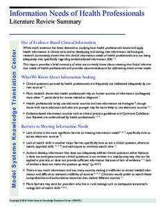 Information Needs of Health Professionals Literature Review Summary Model Systems Knowledge Translation Center  Use of Evidence-Based Clinical Information