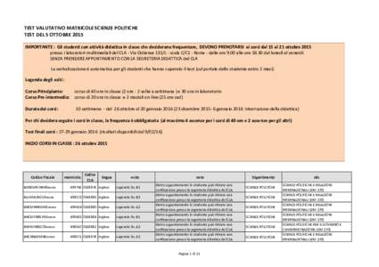 TEST VALUTATIVO MATRICOLE SCIENZE POLITICHE TEST DEL 5 OTTOBRE 2015 IMPORTANTE : Gli studenti con attività didattica in classe che desiderano frequentare, DEVONO PRENOTARSI ai corsi dal 15 a l 21 ottobre 2015 presso i l