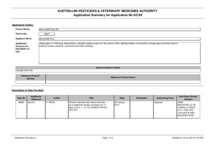 AUSTRALIAN PESTICIDES & VETERINARY MEDICINES AUTHORITY Application Summary for Application No[removed]Application Details: Product Name:  BELACRON 500 WP