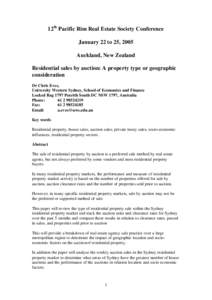 12th Pacific Rim Real Estate Society Conference January 22 to 25, 2005 Auckland, New Zealand Residential sales by auction: A property type or geographic consideration Dr Chris Eves,