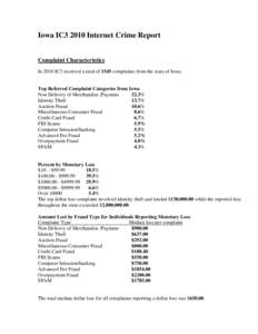 Iowa IC3 2010 Internet Crime Report Complaint Characteristics In 2010 IC3 received a total of 1545 complaints from the state of Iowa. Top Referred Complaint Categories from Iowa Non Delivery of Merchandise /Payment