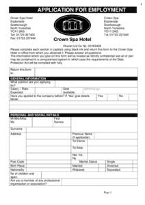 1  APPLICATION FOR EMPLOYMENT Crown Spa Hotel Esplanade Scarborough