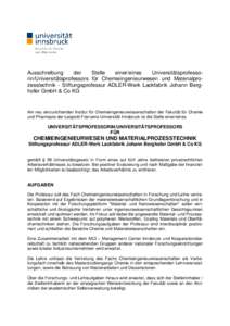 Ausschreibung der Stelle einer/eines Universitätsprofessorin/Universitätsprofessors für Chemieingenieurwesen und Materialprozesstechnik - Stiftungsprofessur ADLER-Werk Lackfabrik Johann Berghofer GmbH & Co KG