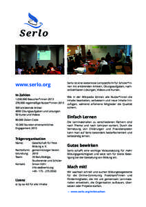 www.serlo.org In Zahlen[removed]Besucher*innen[removed]regelmäßige Nutzer*innen[removed]erklärende Artikel 4000 Übungsaufgaben und Lösungen