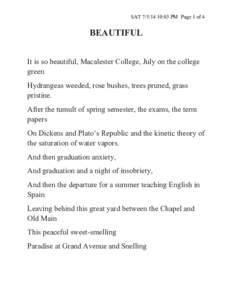 SAT[removed]:03 PM Page 1 of 4  BEAUTIFUL It is so beautiful, Macalester College, July on the college green Hydrangeas weeded, rose bushes, trees pruned, grass