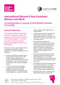 International Women’s Day Factsheet Women and Work Increasing women’s success at work benefits business and society Good for Business The Women And Work Commission