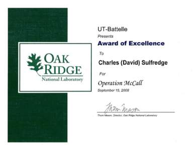 UT-Battelle Presents Award of Excellence to Charles (David) Sulfredge