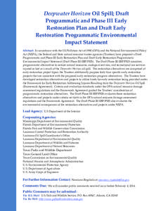     Deepwater Horizon Oil Spill; Draft  Programmatic and Phase III Early  Restoration Plan and Draft Early 