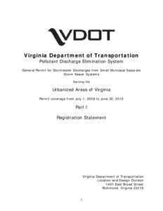 Virginia Department of Transportation Pollutant Discharge Elimination System General Permit for Stormwater Discharges from Small Municipal Separate Storm Sewer Systems Serving the