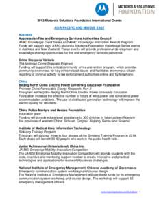 2013 Motorola Solutions Foundation International Grants ASIA PACIFIC AND MIDDLE EAST Australia Australasian Fire and Emergency Services Authorities Council AFAC Knowledge Event Series and AFAC Knowledge Innovation Awards