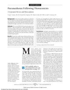 REVIEW ARTICLE  Pneumothorax Following Thoracentesis A Systematic Review and Meta-analysis Craig E. Gordon, MD, MS; David Feller-Kopman, MD; Ethan M. Balk, MD, MPH; Gerald W. Smetana, MD