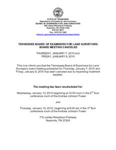 STATE OF TENNESSEE  Department of Commerce and Insurance  BOARD OF EXAMINERS FOR LAND SURVEYORS  500 James Robertson Parkway  Nashville, TN 37243­1146  615­741­3611 