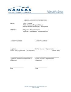 MEMORANDUM FOR THE RECORD FROM: Lloyd E. Arnold Public Assistance Program Manager Kansas Division of Emergency Management