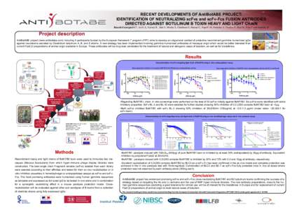 RECENT DEVELOPMENTS OF AntiBotABE PROJECT: IDENTIFICATION OF NEUTRALIZING scFvs and scFv-Fcs FUSION ANTIBODIES DIRECTED AGAINST BOTULINUM B TOXIN HEAVY AND LIGHT CHAIN Rasetti-Escargueil C*, Avril A, Tierney R., Bak N, M