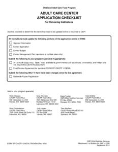 Child and Adult Care Food Program  ADULT CARE CENTER APPLICATION CHECKLIST For Renewing Institutions