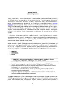 Decision 23/CP.18   Submission of Iceland      Parties to the UNFCCC took a significant step in Doha towards strengthened gender equality in  the UNFCCC regime, by adopting the COP18 decisio