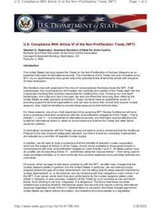U.S. Compliance With Article VI of the Non-Proliferation Treaty (NPT)  Page 1 of 5 U.S. Compliance With Article VI of the Non-Proliferation Treaty (NPT) Stephen G. Rademaker, Assistant Secretary of State for Arms Control