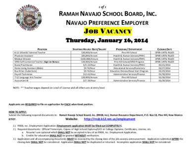 1 of 1  RAMAH NAVAJO SCHOOL BOARD, INC. NAVAJO PREFERENCE EMPLOYER JOB VACANCY Thursday, January 16, 2014