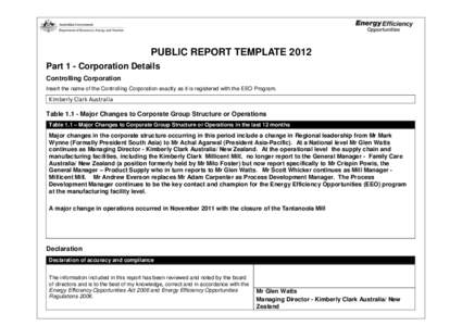 PUBLIC REPORT TEMPLATE 2012 Part 1 - Corporation Details Controlling Corporation Insert the name of the Controlling Corporation exactly as it is registered with the EEO Program.  Kimberly Clark Australia