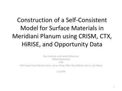 Construction of a Self-Consistent Model for Surface Materials in Meridiani Planum using CRISM, CTX, HiRISE, and Opportunity Data Ray Arvidson and Sandra Wiseman CRISM Workshop